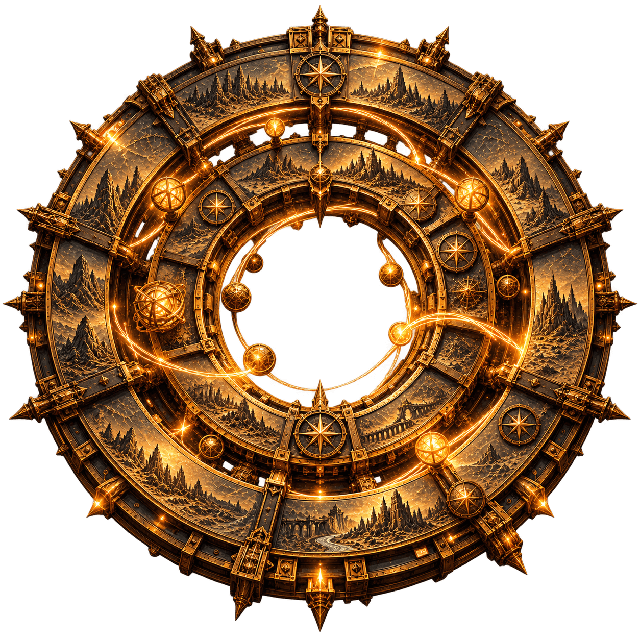 Concentric rings of engraved brass, painted with mountains and compass stars, turning around a dark centre like the inside of a vast machine.