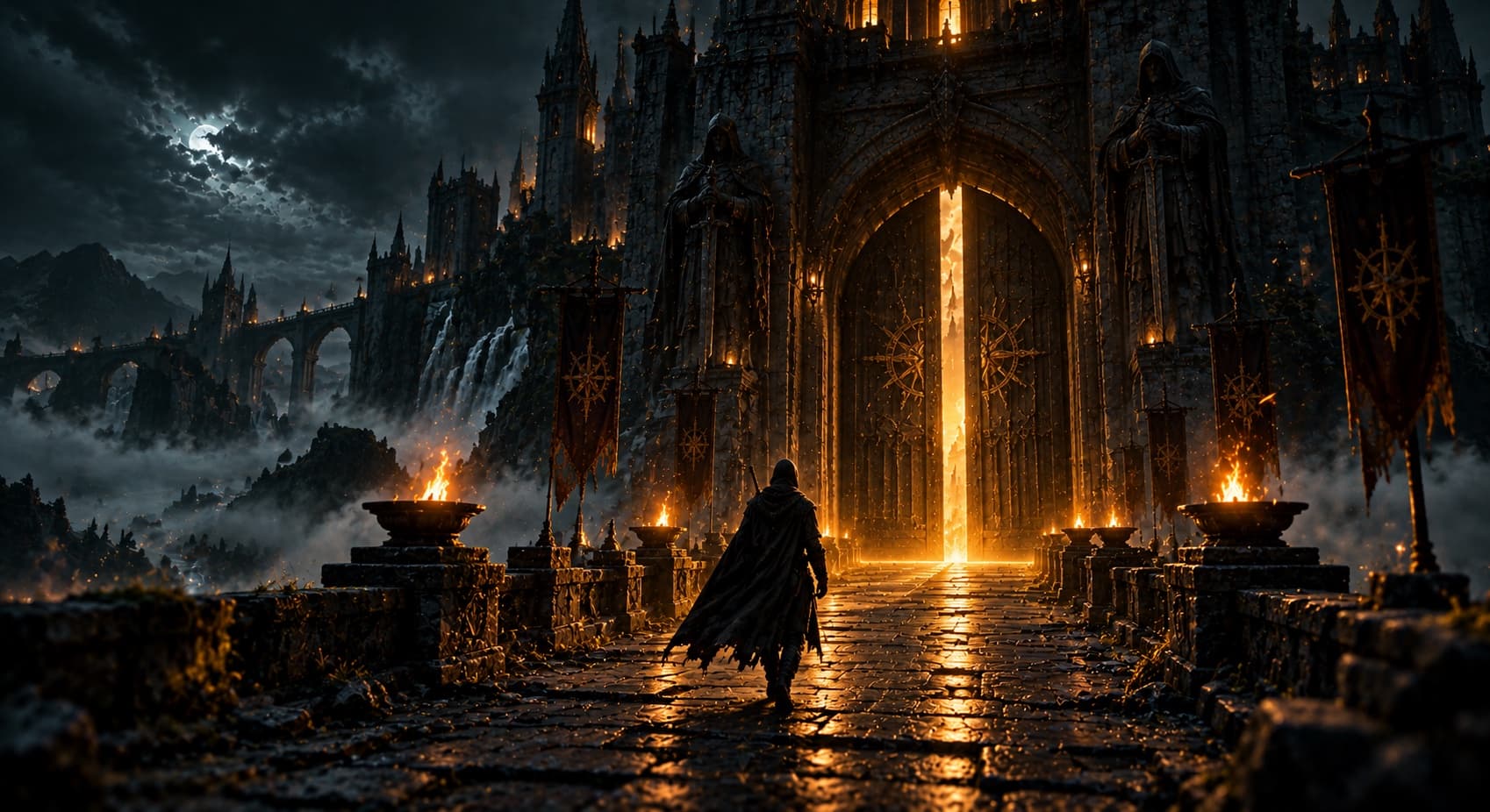 A blacksmith bringing a hammer down on glowing metal, sparks scattering across a stone forge.