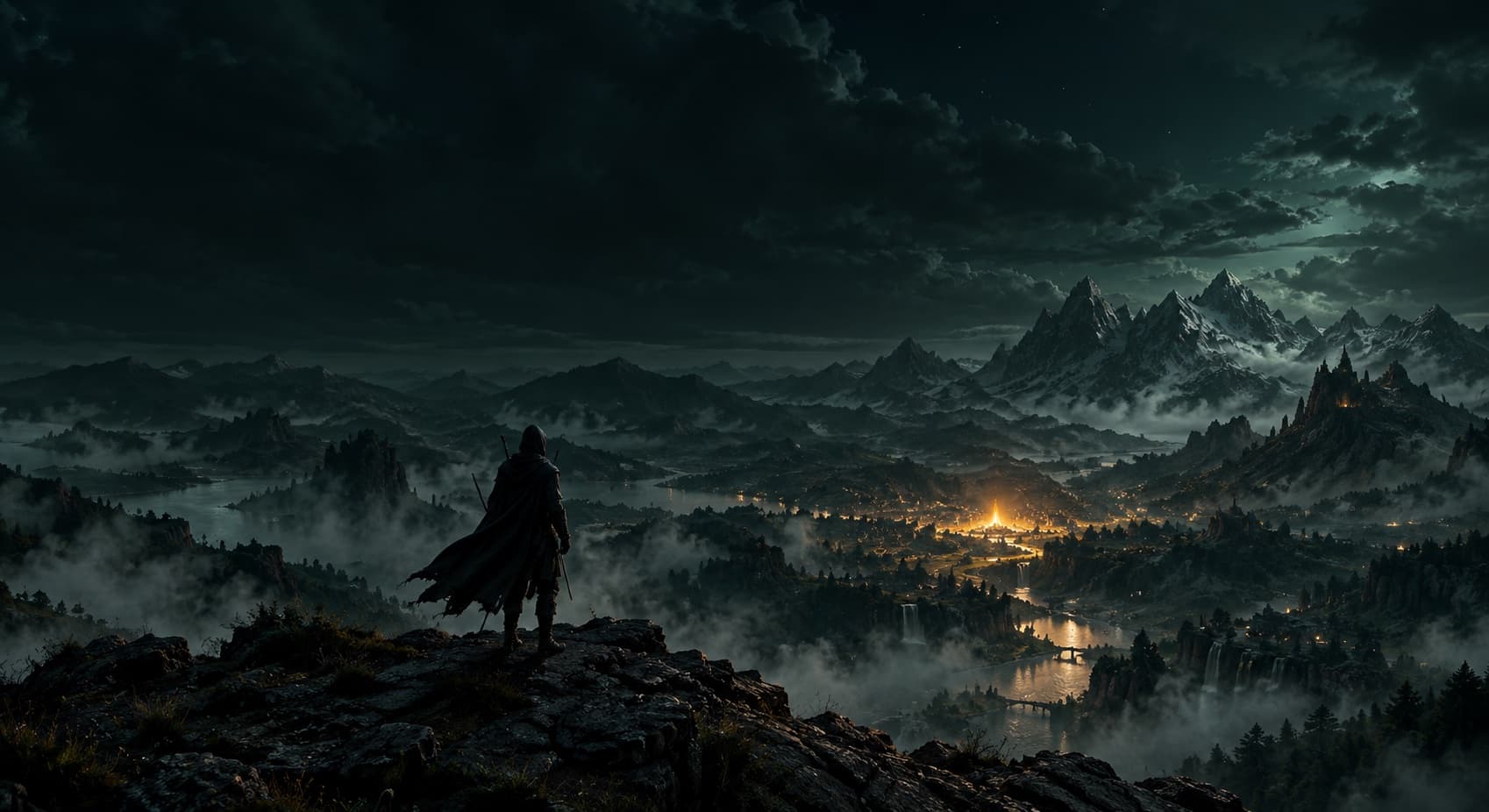 A lone traveller on a dark mountain ridge, looking down at a single fire burning in the valley below.